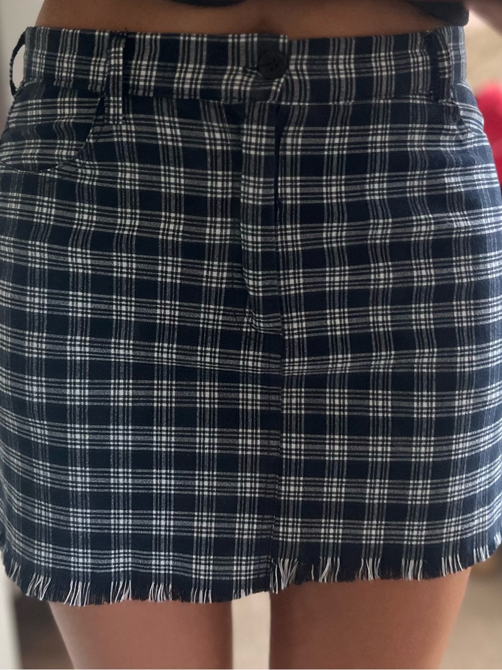 Brandy Melville Plaid Navy and White Fringe Mini Skirt
